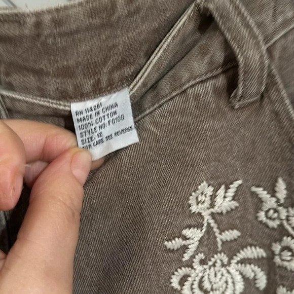 Jeanology Collection Sz 14 Flared Maxi Skirt Khaki Colored Denim Embroidery - Picture 2 of 6